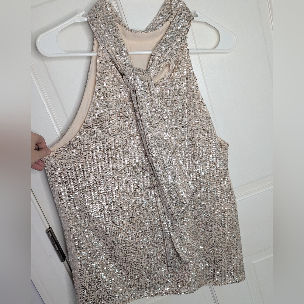 Cream Sequin Sleeveless Top With Tie Neck Size Medium